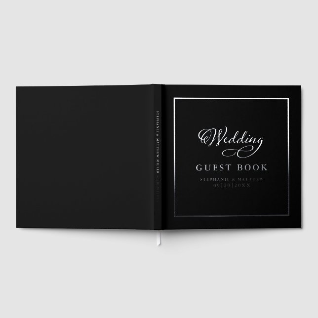 Elegant Silver Calligraphy Wedding Black Keepsake Guest Book (Full)