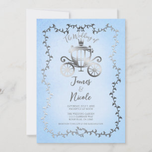 Elegant Silver Carriage Blue Storybook Wedding Invitation