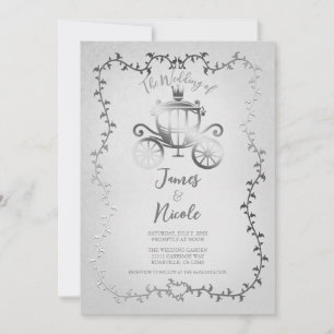Elegant Silver Carriage White Storybook Wedding Invitation