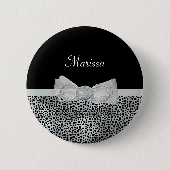 Elegant Silver Cheetah Print Frilly Bow With Name 6 Cm Round Badge (Front)