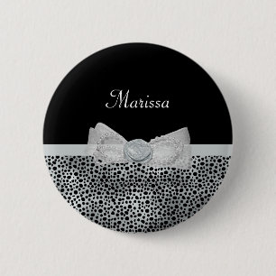 Elegant Silver Cheetah Print Frilly Bow With Name 6 Cm Round Badge