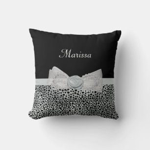 Elegant Silver Cheetah Print Frilly Bow With Name Cushion