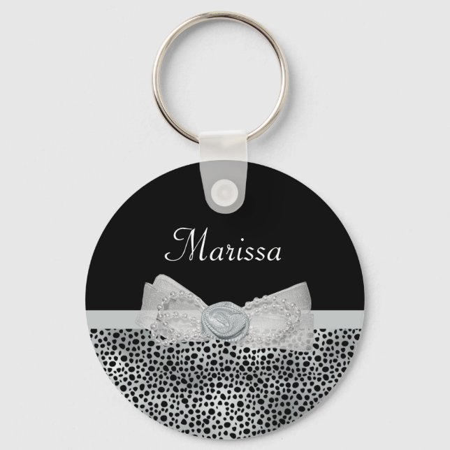 Elegant Silver Cheetah Print Frilly Bow With Name Key Ring (Front)