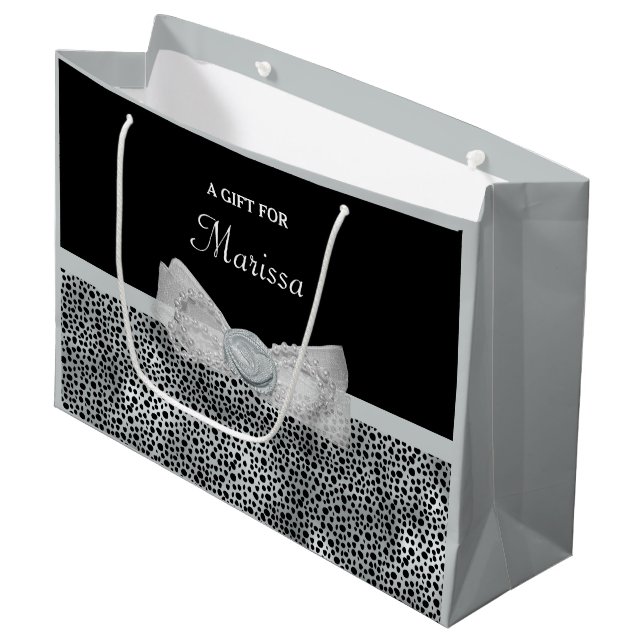 Elegant Silver Cheetah Print Frilly Bow With Name Large Gift Bag (Front Angled)