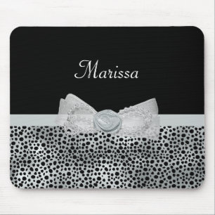 Elegant Silver Cheetah Print Frilly Bow With Name Mouse Mat