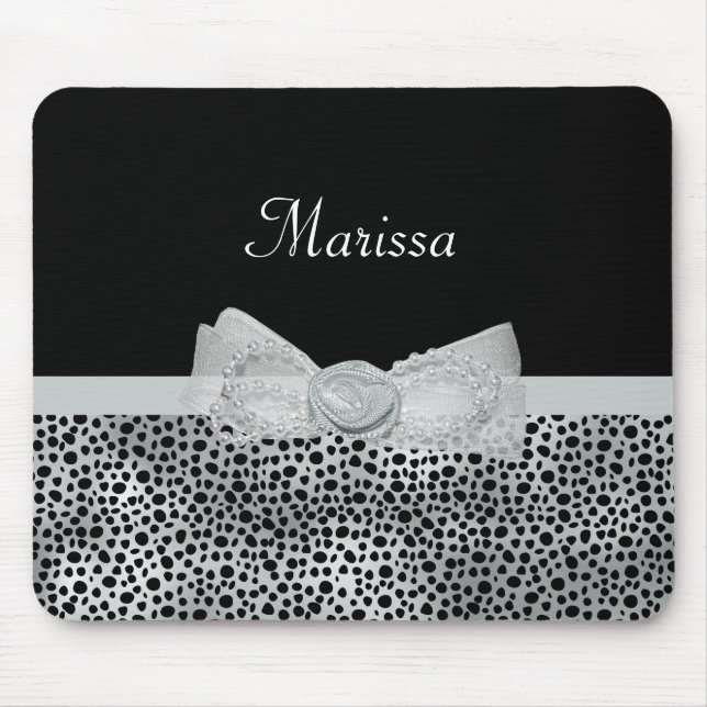 Elegant Silver Cheetah Print Frilly Bow With Name Mouse Mat (Front)