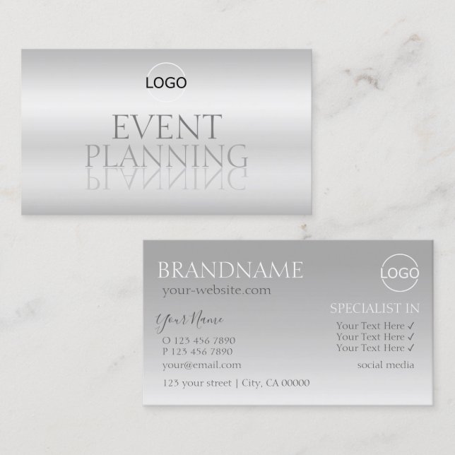 Elegant Silver Chic Mirror Font with Logo Stylish Business Card (Front/Back)