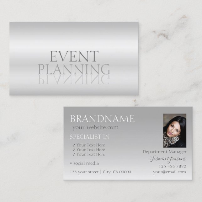 Elegant Silver Chic Mirror Font with Photo Stylish Business Card (Front/Back)