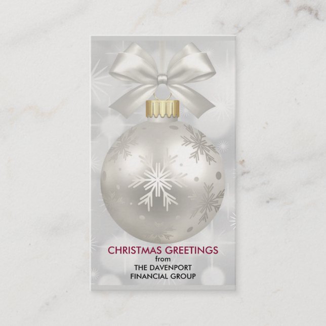 Elegant Silver Christmas Ball on Bokeh Lights Business Card (Front)