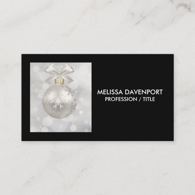 Elegant Silver Christmas Ball on Bokeh Lights Business Card (Front)
