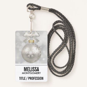 Elegant Silver Christmas Ball on Bokeh Lights ID Badge