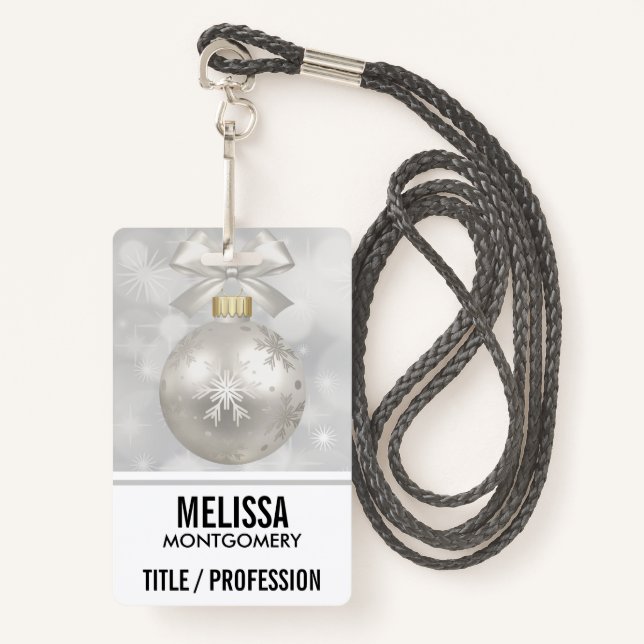 Elegant Silver Christmas Ball on Bokeh Lights ID Badge (Front with Lanyard)