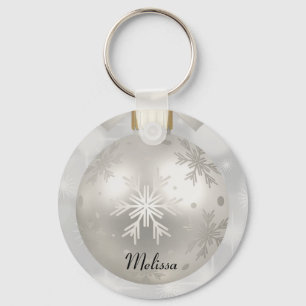 Elegant Silver Christmas Ball on Bokeh Lights Key Ring