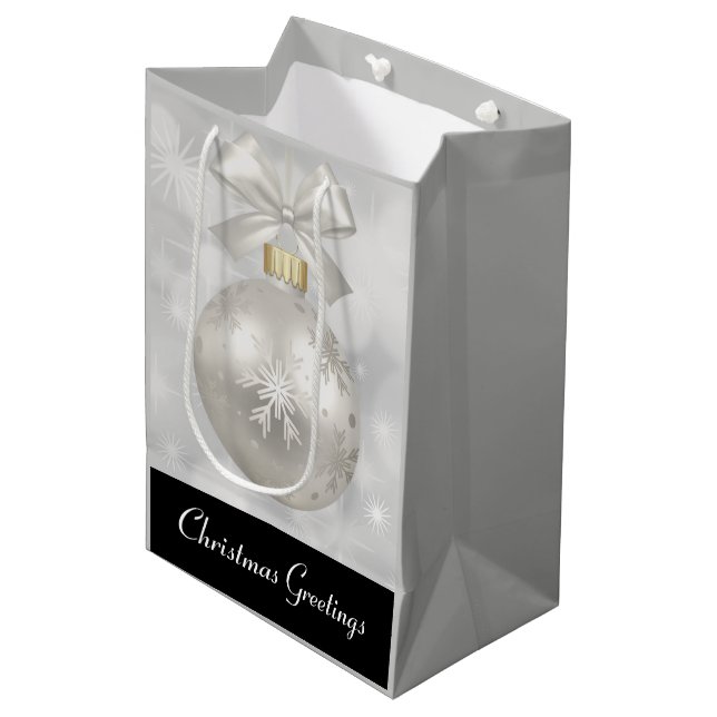 Elegant Silver Christmas Ball on Bokeh Lights Medium Gift Bag (Front Angled)