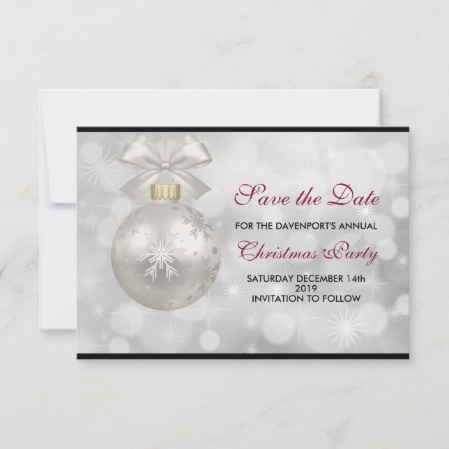 Elegant Silver Christmas Ball on Bokeh Lights Save The Date (Front)