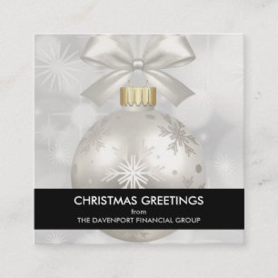 Elegant Silver Christmas Ball on Bokeh Lights Square Business Card