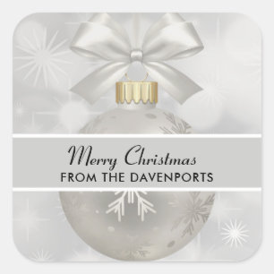 Elegant Silver Christmas Ball on Bokeh Lights Square Sticker