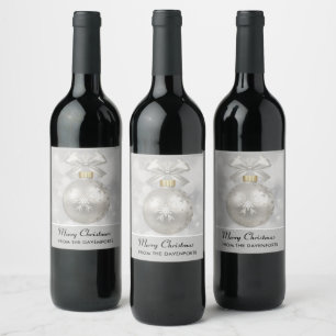 Elegant Silver Christmas Ball on Bokeh Lights Wine Label