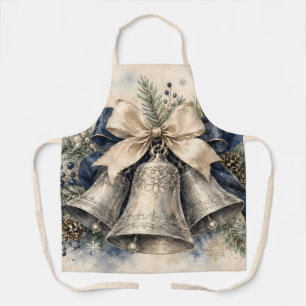 Elegant Silver Christmas Bells Watercolor Apron