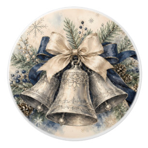 Elegant Silver Christmas Bells Watercolor Ceramic Knob