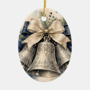 Elegant Silver Christmas Bells Watercolor Ceramic Tree Decoration