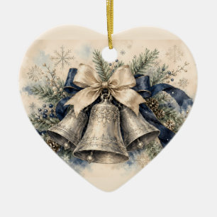 Elegant Silver Christmas Bells Watercolor Ceramic Tree Decoration