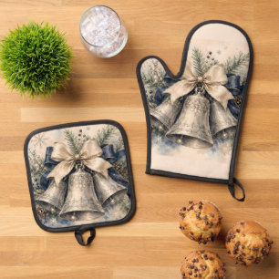 Elegant Silver Christmas Bells Watercolor Oven Mitt & Pot Holder Set