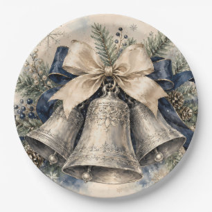 Elegant Silver Christmas Bells Watercolor Paper Plate