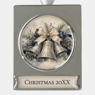 Elegant Silver Christmas Bells Watercolor Plated Banner Ornament