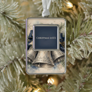 Elegant Silver Christmas Bells Watercolor Plated Framed Ornament