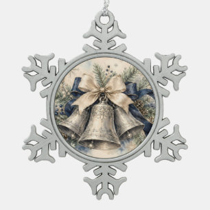 Elegant Silver Christmas Bells Watercolor Snowflake Pewter Christmas Ornament
