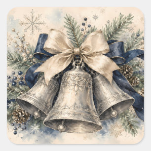 Elegant Silver Christmas Bells Watercolor Square Sticker