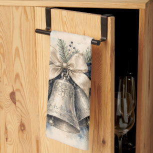 Elegant Silver Christmas Bells Watercolor Tea Towel