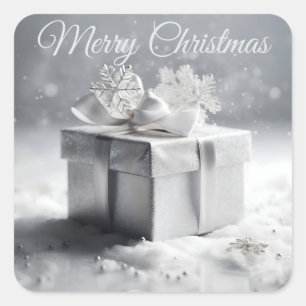 Elegant Silver Christmas Gift Box with Snowflakes  Square Sticker