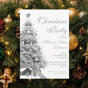 Elegant Silver Christmas Tree Bow Holiday Party  Invitation