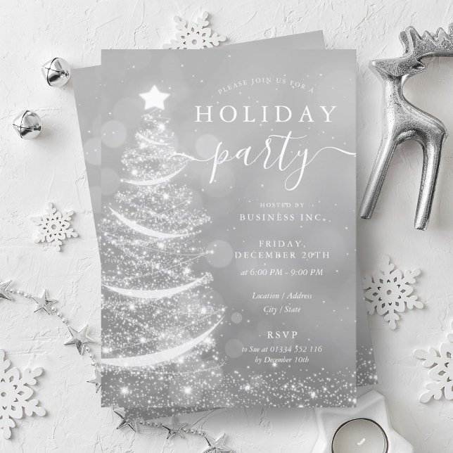 Elegant Silver Christmas Tree Company Holiday  Invitation (Elegant Silver Christmas Tree Company Holiday Invitation)