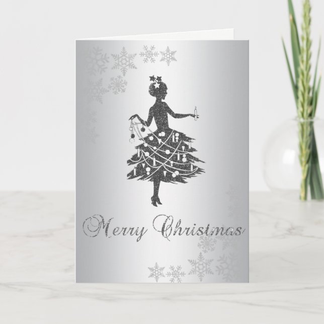 Elegant Silver Christmas Tree,Glitter Girl Holiday Card (Front)