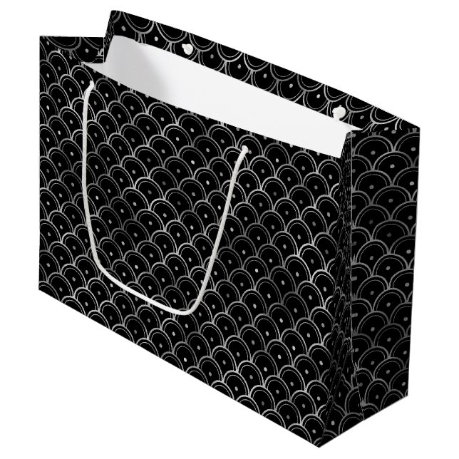 Elegant Silver Concentric Grid Art Deco Pattern Large Gift Bag (Front Angled)