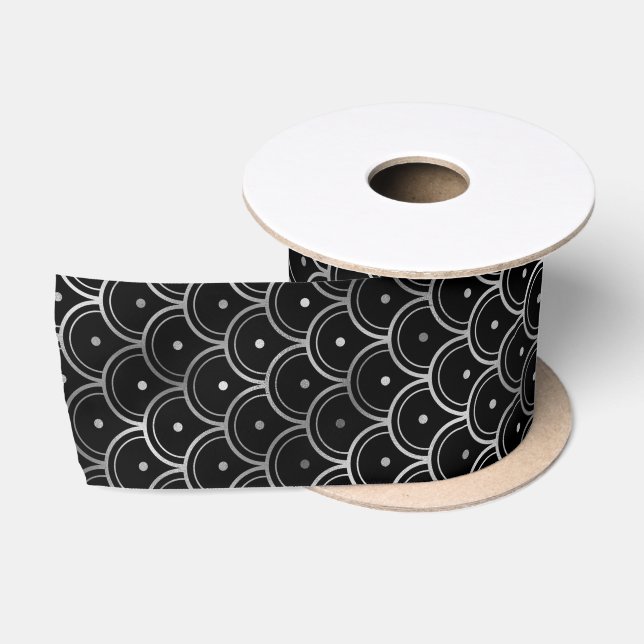 Elegant Silver Concentric Grid Art Deco Pattern Satin Ribbon (Spool)