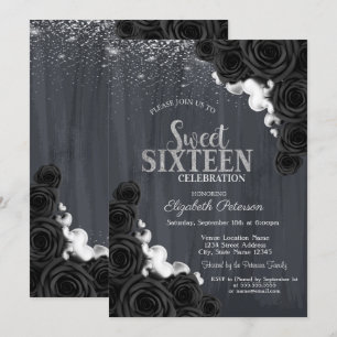 Elegant  Silver Confetti Black Roses Sweet 16 Invitation