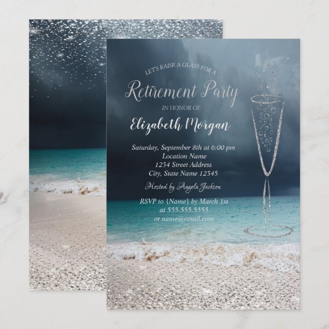 Elegant Silver Confetti Glass Beach Retirement Invitation (Front/Back)
