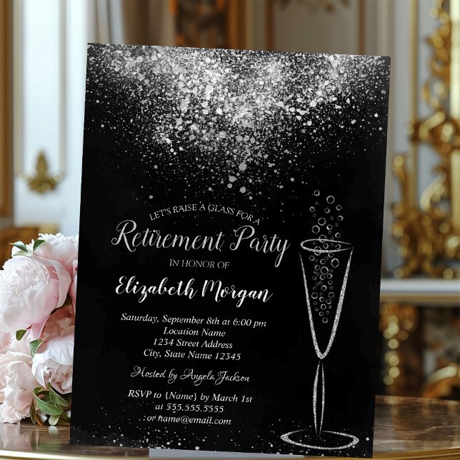Elegant Silver Confetti Glass Black Retirement Invitation (Creator Uploaded)