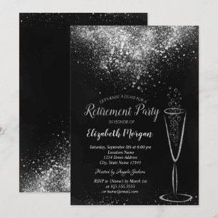 Elegant Silver Confetti Glass Black Retirement Invitation