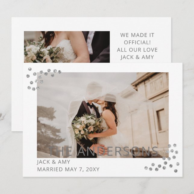 Elegant Silver Confetti Photo Wedding Announcement (Front/Back)