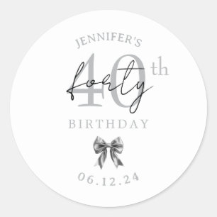 Elegant Silver Coquette Bow 40th Birthday Party  Classic Round Sticker