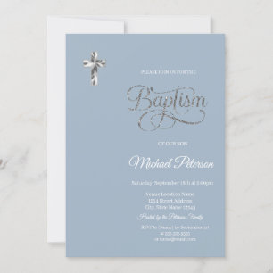 Elegant Silver Cross Baptism Dusty Blue Invitation
