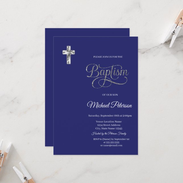  Elegant Silver Cross Baptism Navy Blue Invitation (Front/Back In Situ)