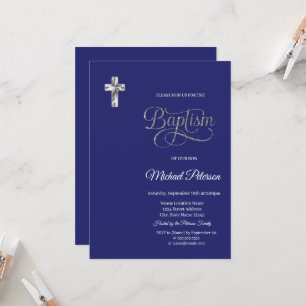  Elegant Silver Cross Baptism Navy Blue Invitation