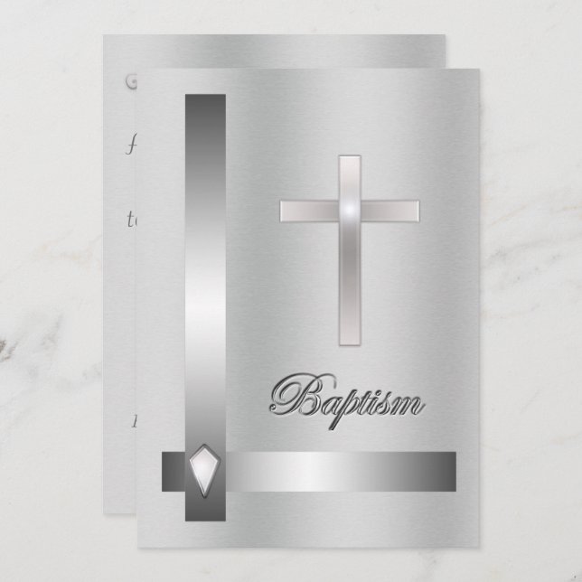 Elegant silver Cross Baptism on metal background Invitation (Front/Back)