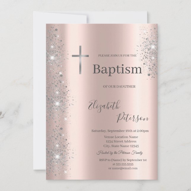 Elegant Silver Cross Baptism Rose Gold Glitter  Invitation (Front)